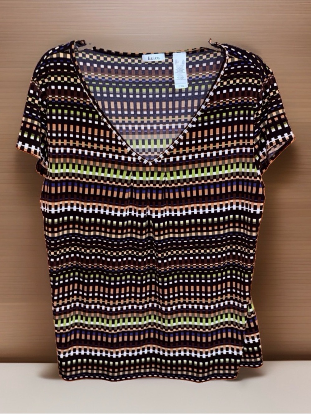 liz & co. Short Sleeve V-Neck Geometric Grid Top - Black Multi-XL-EC
